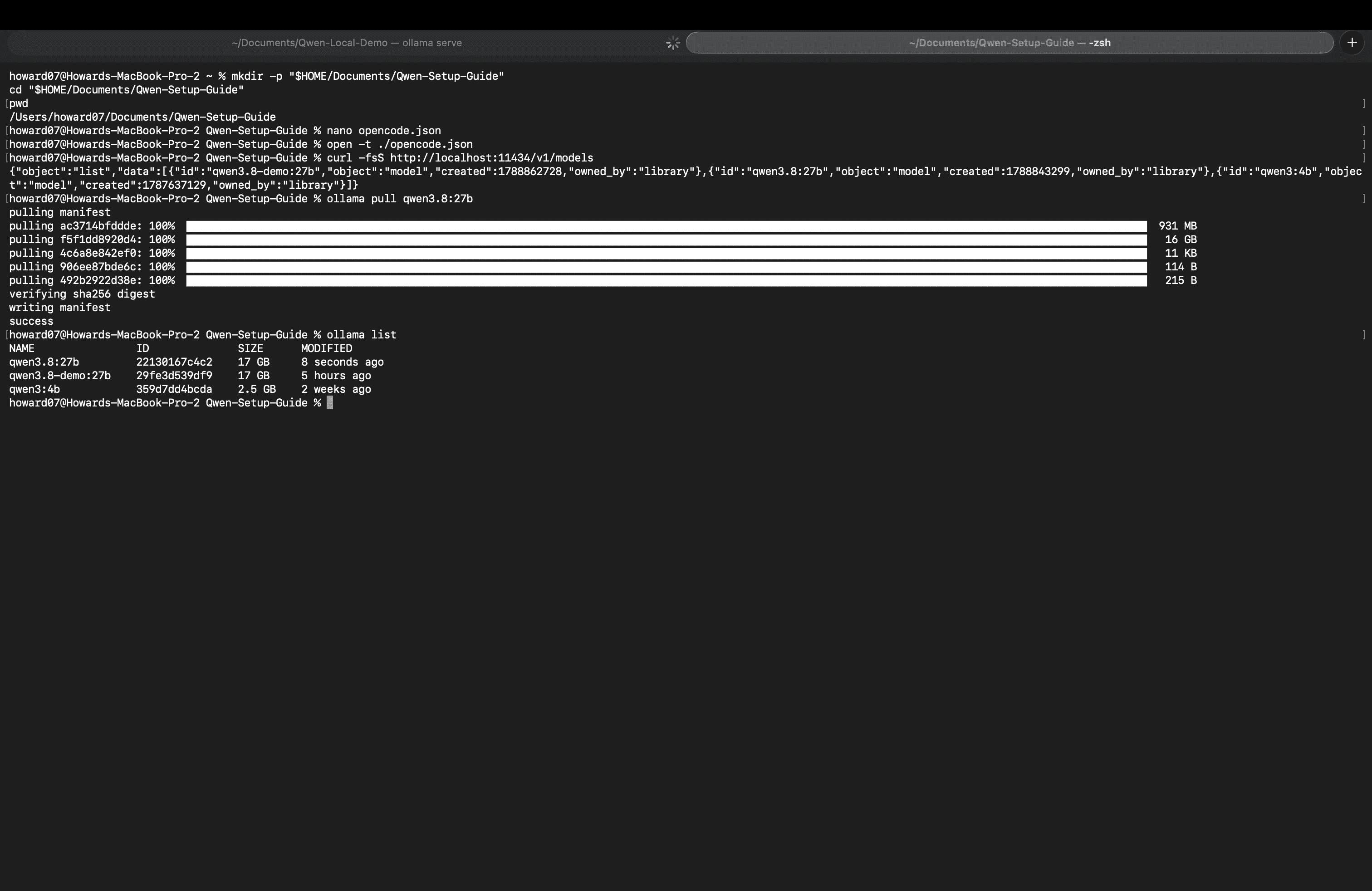 Descarga de Qwen3.8 27B completada y modelo en la lista