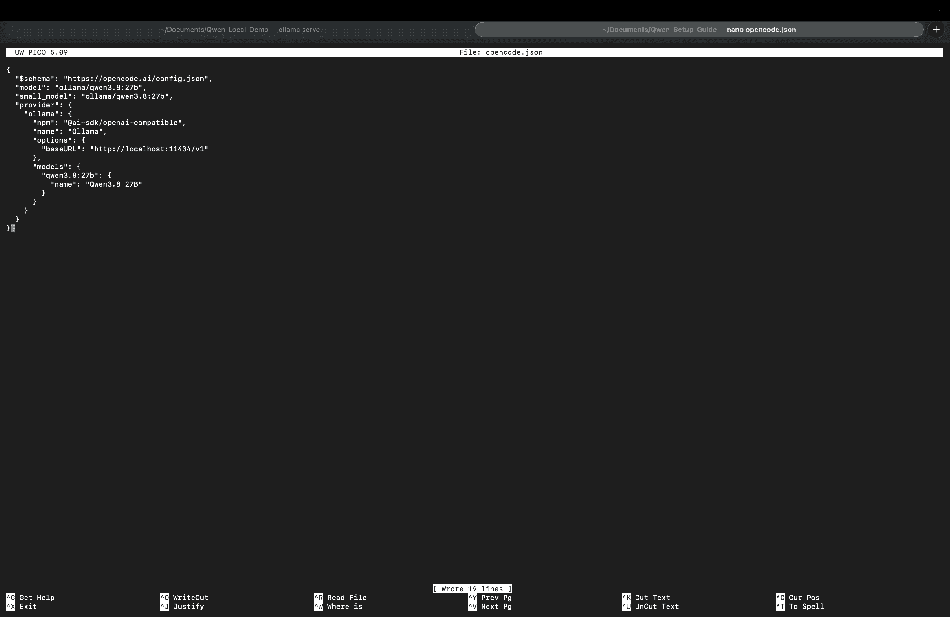 Edición y guardado de opencode.json en el editor de terminal