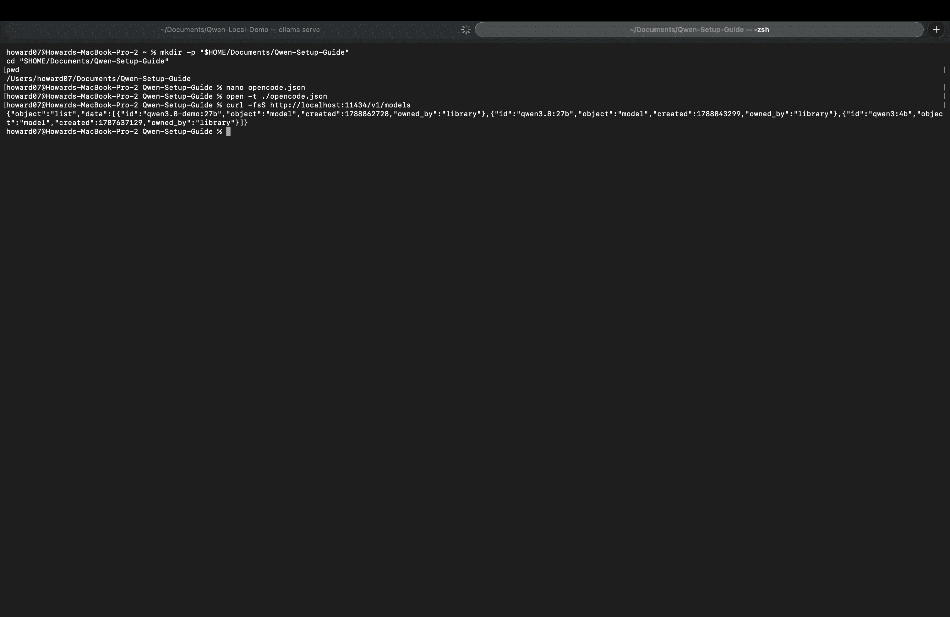 Comprobación de qwen3.8:27b en el endpoint de modelos de Ollama