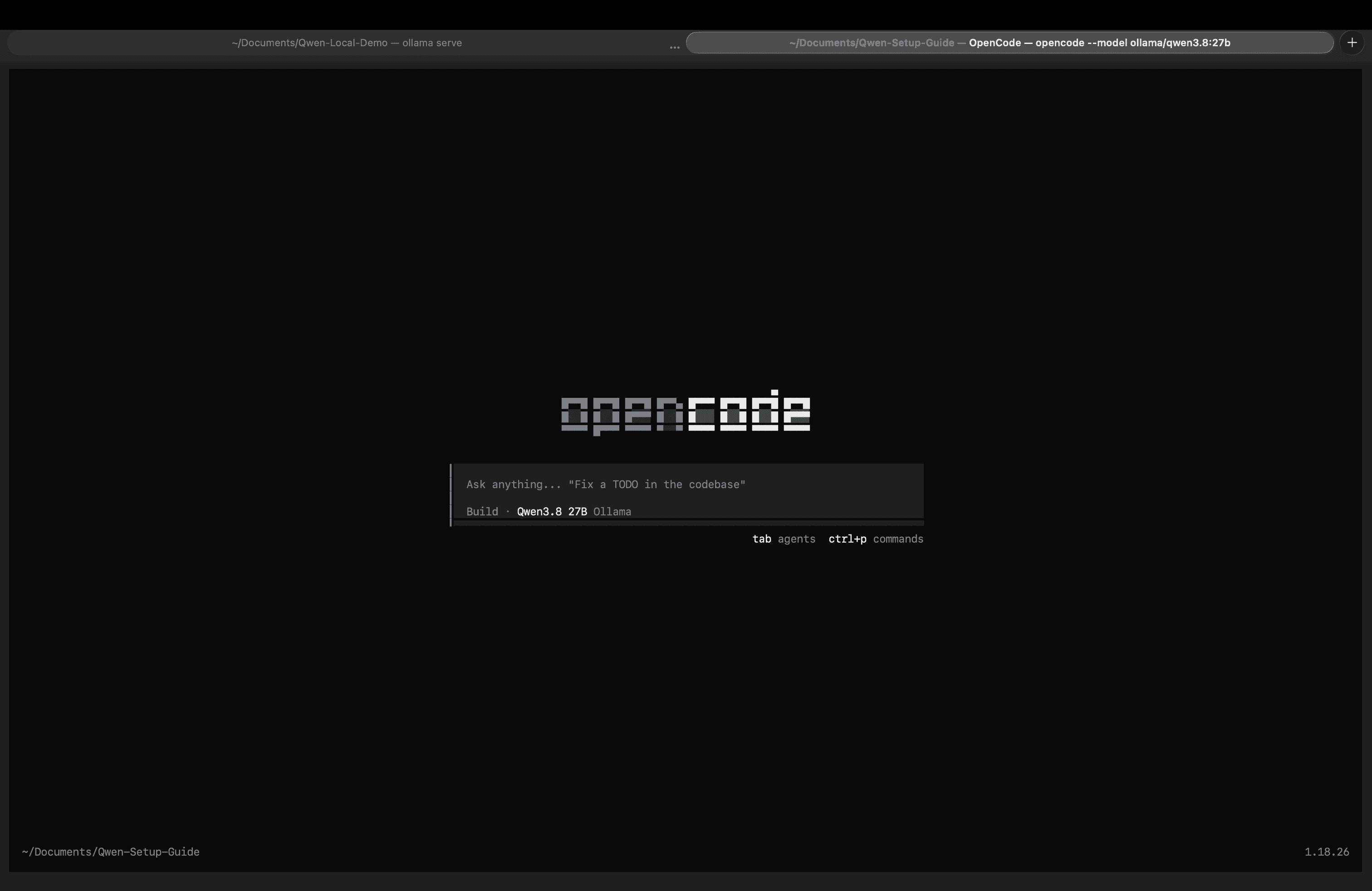 OpenCode TUI con Qwen3.8 27B de Ollama en Qwen-Setup-Guide