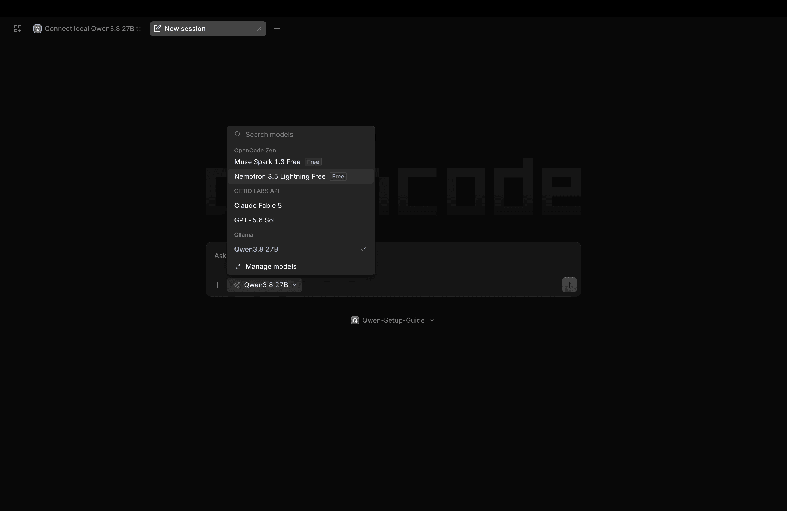Seleccionar Qwen3.8 27B en Ollama en el menú de modelos de OpenCode