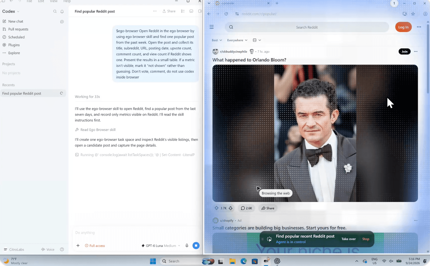 Codex al lavoro su un'attività su Reddit accanto allo Space attivo di ego (lite) su Windows
