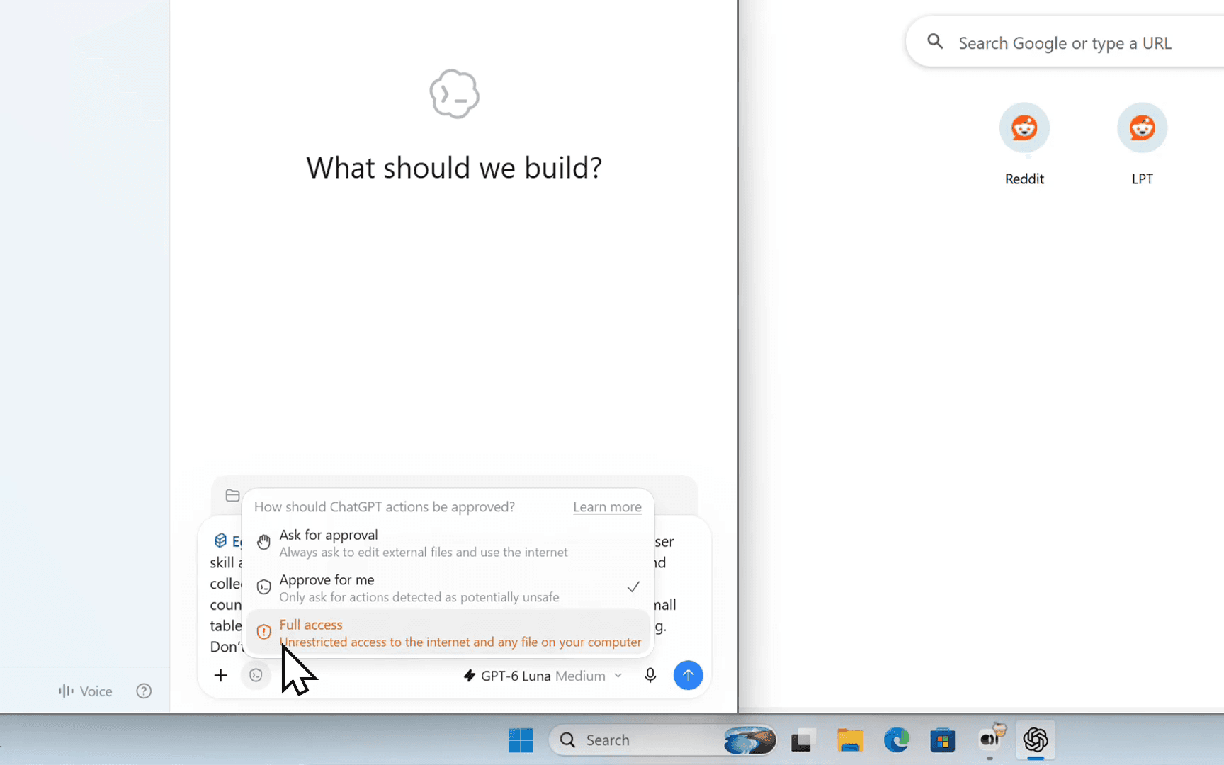 Selezione di Full access nel menu delle autorizzazioni di Codex su Windows