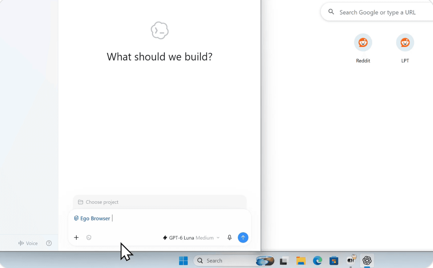 Ego Browser selezionato nella casella di input di Codex su Windows