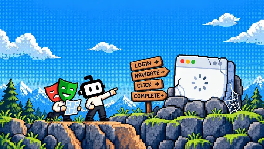Нарисованный робот у указателя с надписями login, navigate, click и complete, рядом вторая фигура с картой и загружающимся окном браузера