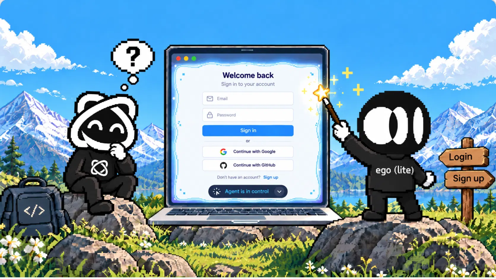 Pixel characters beside a laptop sign-in screen in a mountain landscape