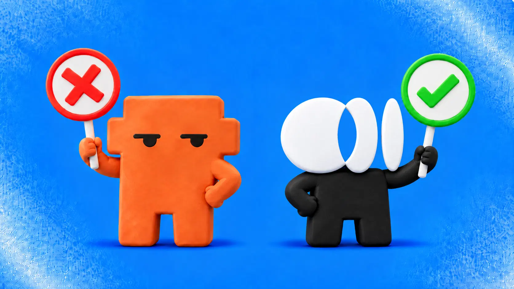 Orange mascot holding a red cross beside a black and white mascot holding a green check on a blue background