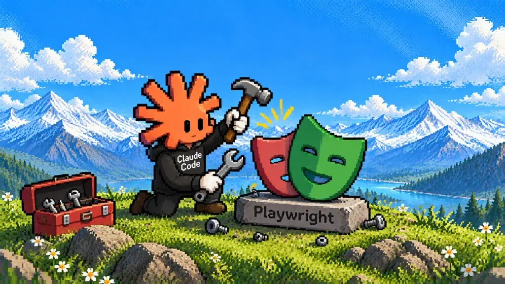 Agente di Claude Code in pixel art che configura Playwright con strumenti e maschere di automazione del browser