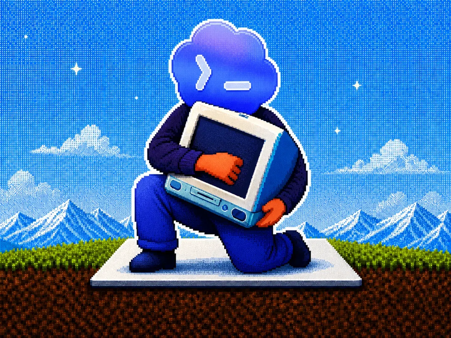 Agente blu in pixel art in ginocchio davanti a uno schermo di terminale, su uno sfondo di cielo stellato e montagne innevate, a illustrare WebMCP