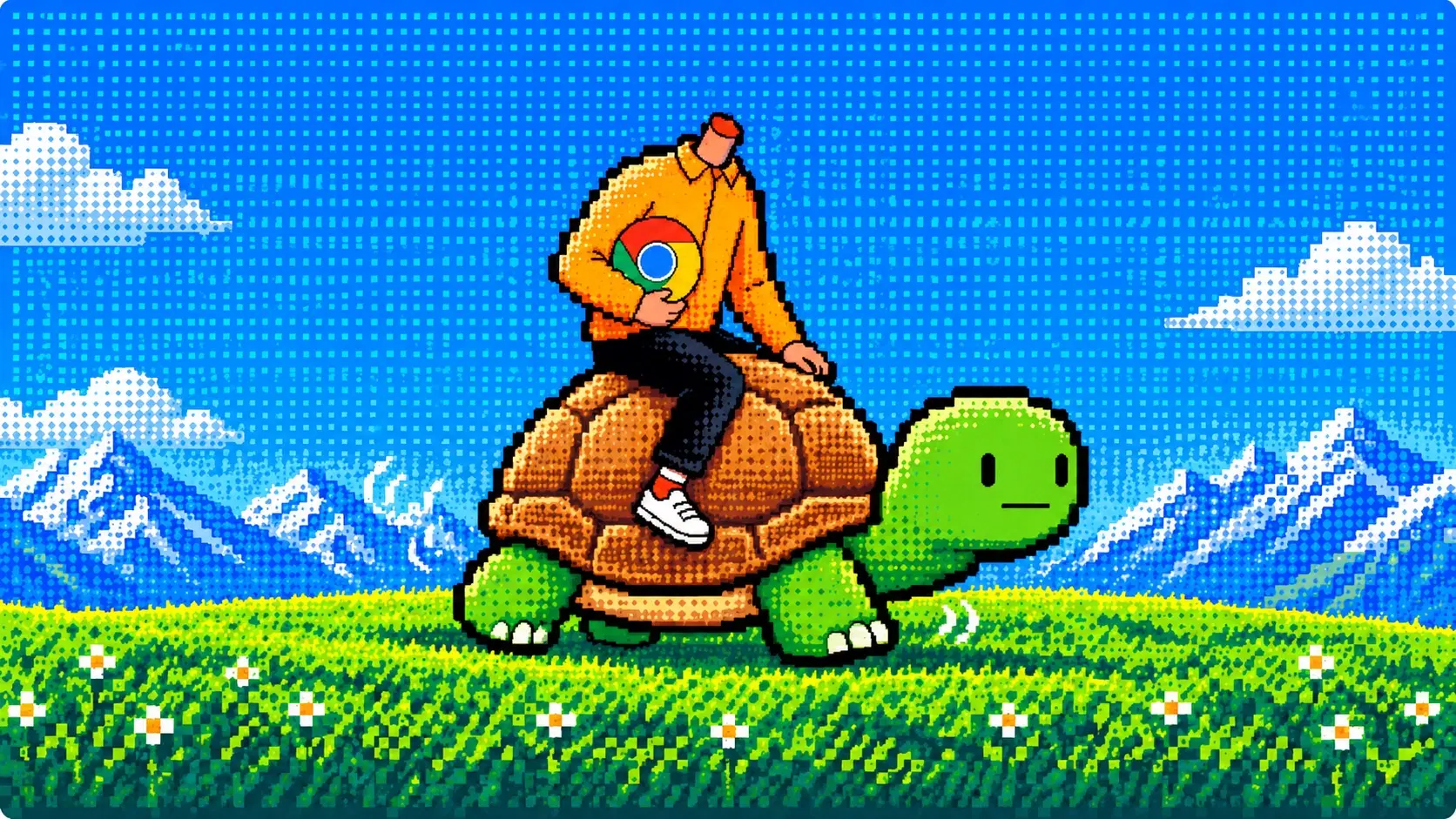 Pixel art browser user riding a turtle across a grassy landscape