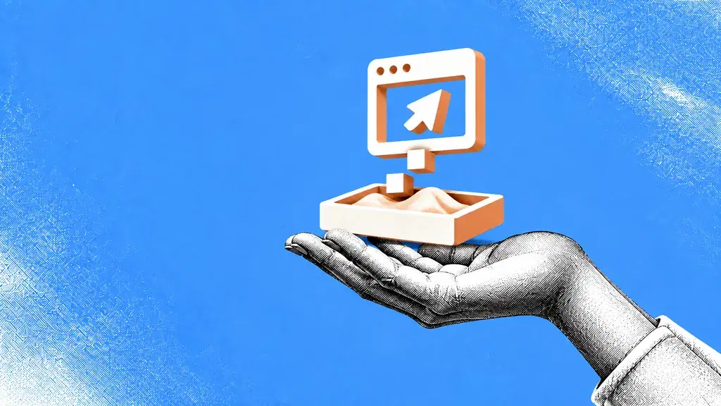 Una mano incisa regge un vassoio con sabbiera mentre una finestra del browser si erge sopra di esso