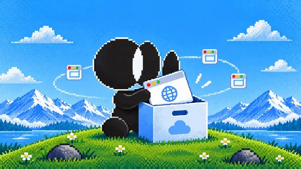 Pixel-art ego agent placing a browser window into a cloud box while other browser windows stay connected