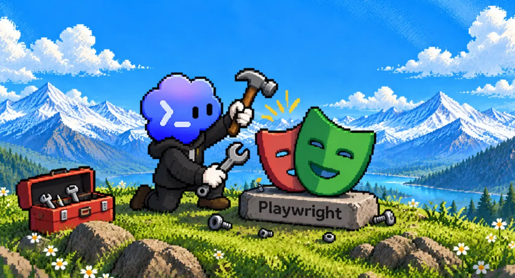 Pixel-art Codex character repairing the Playwright masks beside a mountain lake