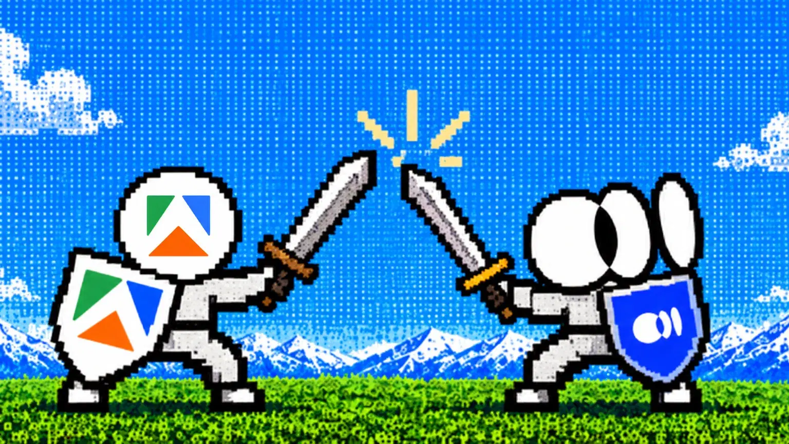 Cavaliere in pixel art con l'emblema di Apify che incrocia le spade con un cavaliere con lo scudo di ego (lite)