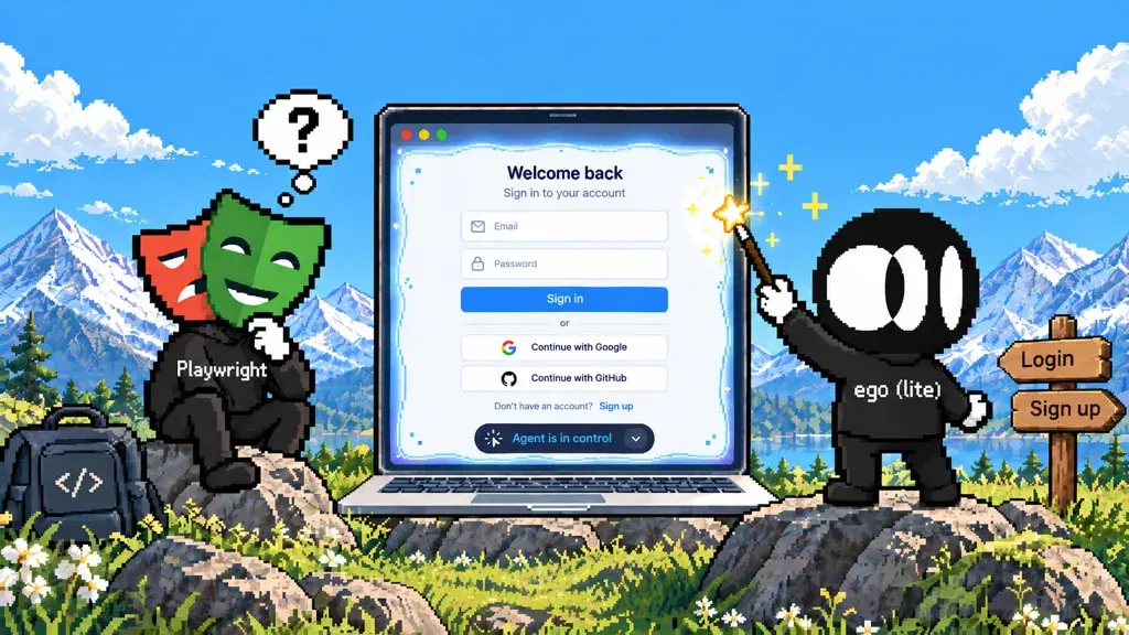 Personaggi pixel art di Playwright e ego (lite) accanto a una schermata di accesso sul laptop, con Agent is in control visibile