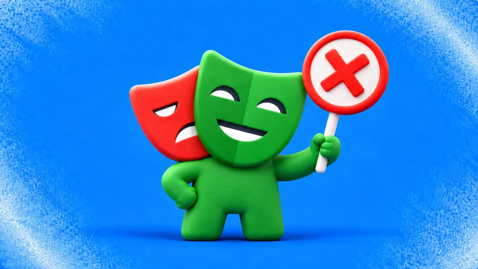 Clay theater-mask mascot holding a red error sign for an article about flaky Playwright tests