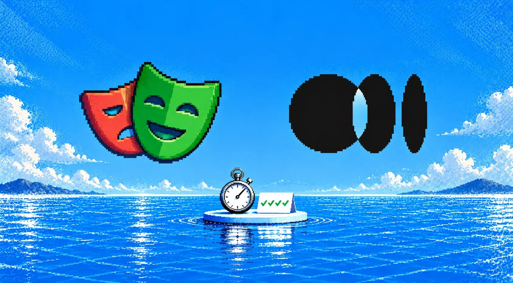 Pixel-art Playwright masks and ego symbol above an ocean stopwatch and verification checks