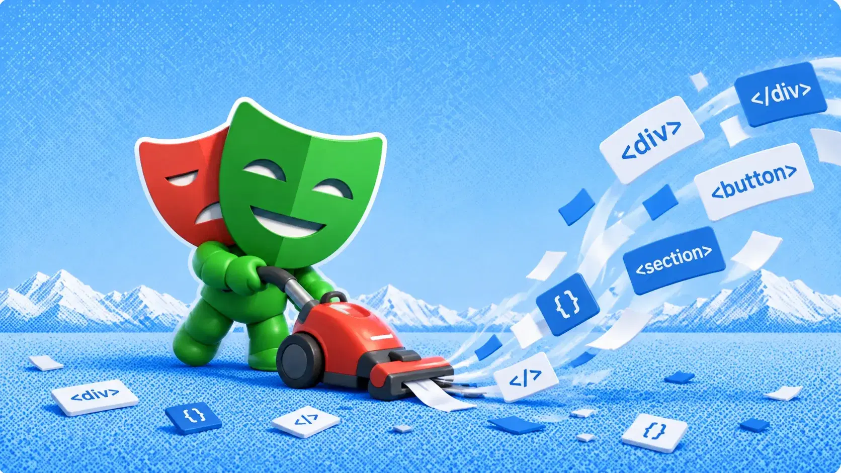 Mascotte verde di ego (lite) che aspira tag HTML come div, button e section da un pavimento blu