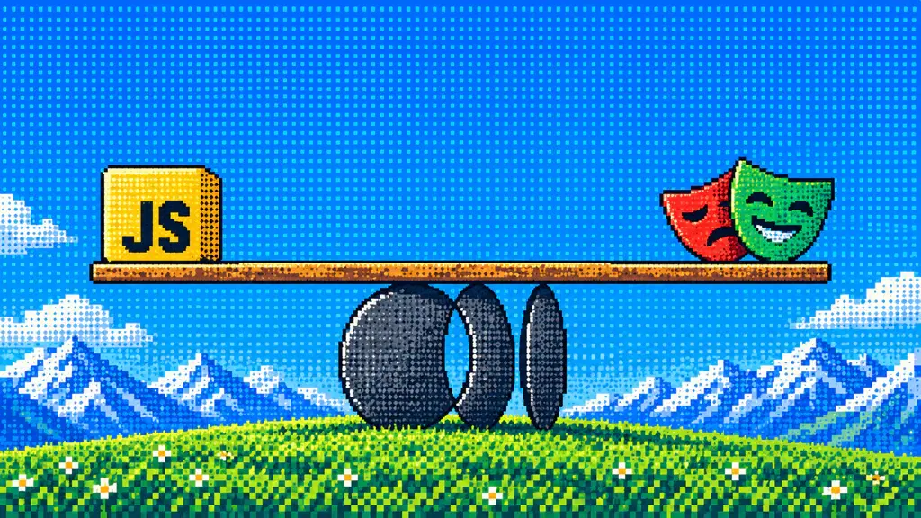 Un blocco JS e maschere della commedia e della tragedia in equilibrio su un occhio blu del browser sopra montagne in pixel art e un campo di fiori