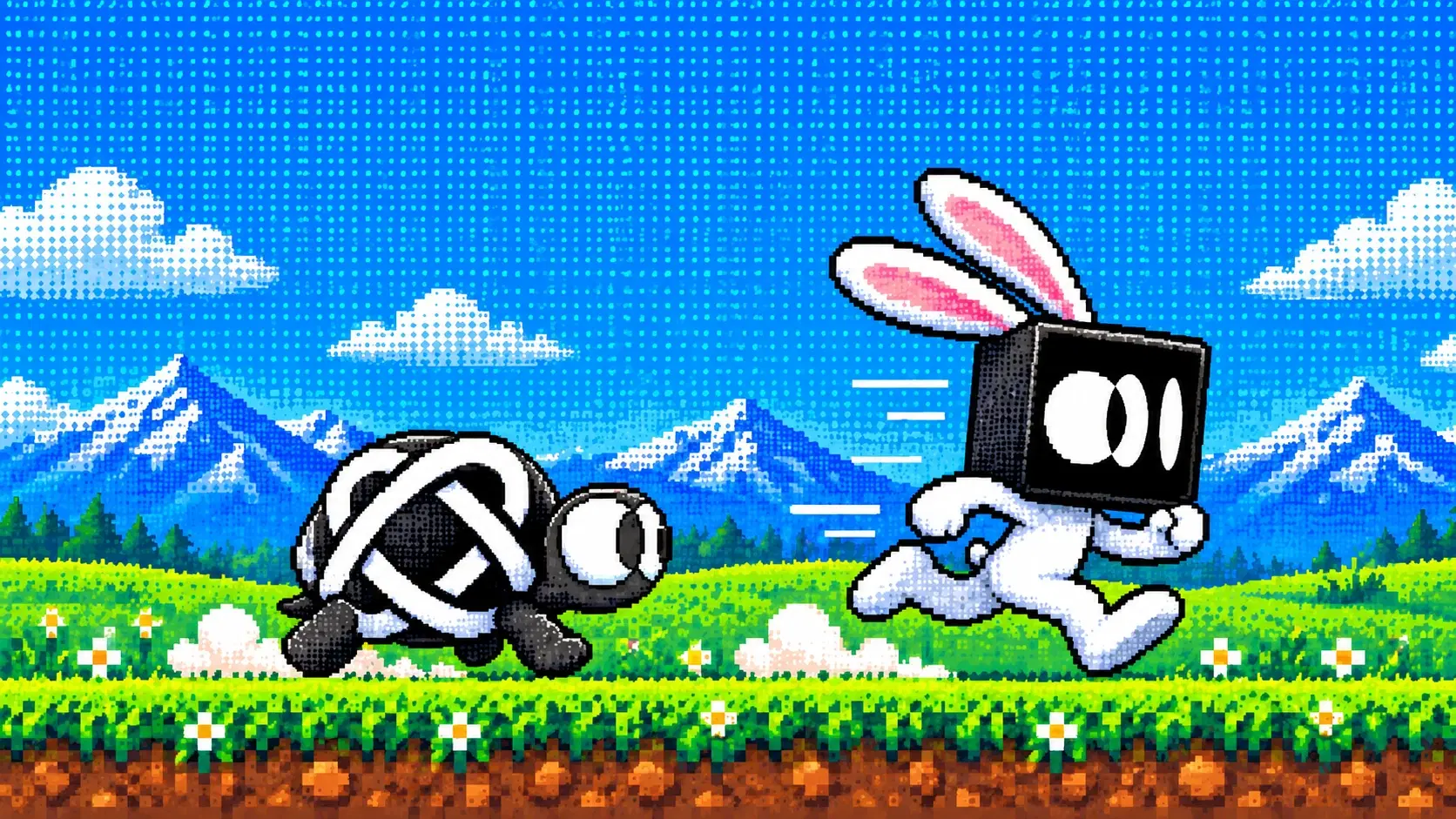 Pixel-art browser rabbit racing a turtle across mountains for an article about AI browser latency