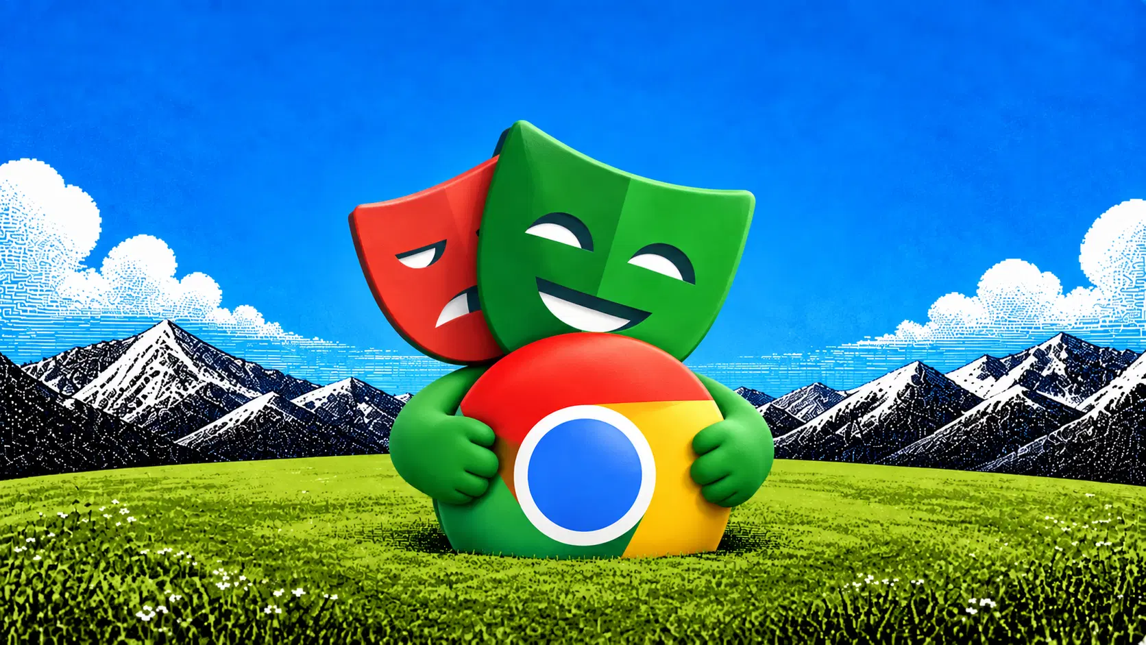 Playwright masks and a Chrome icon in a mountain landscape for test maintenance