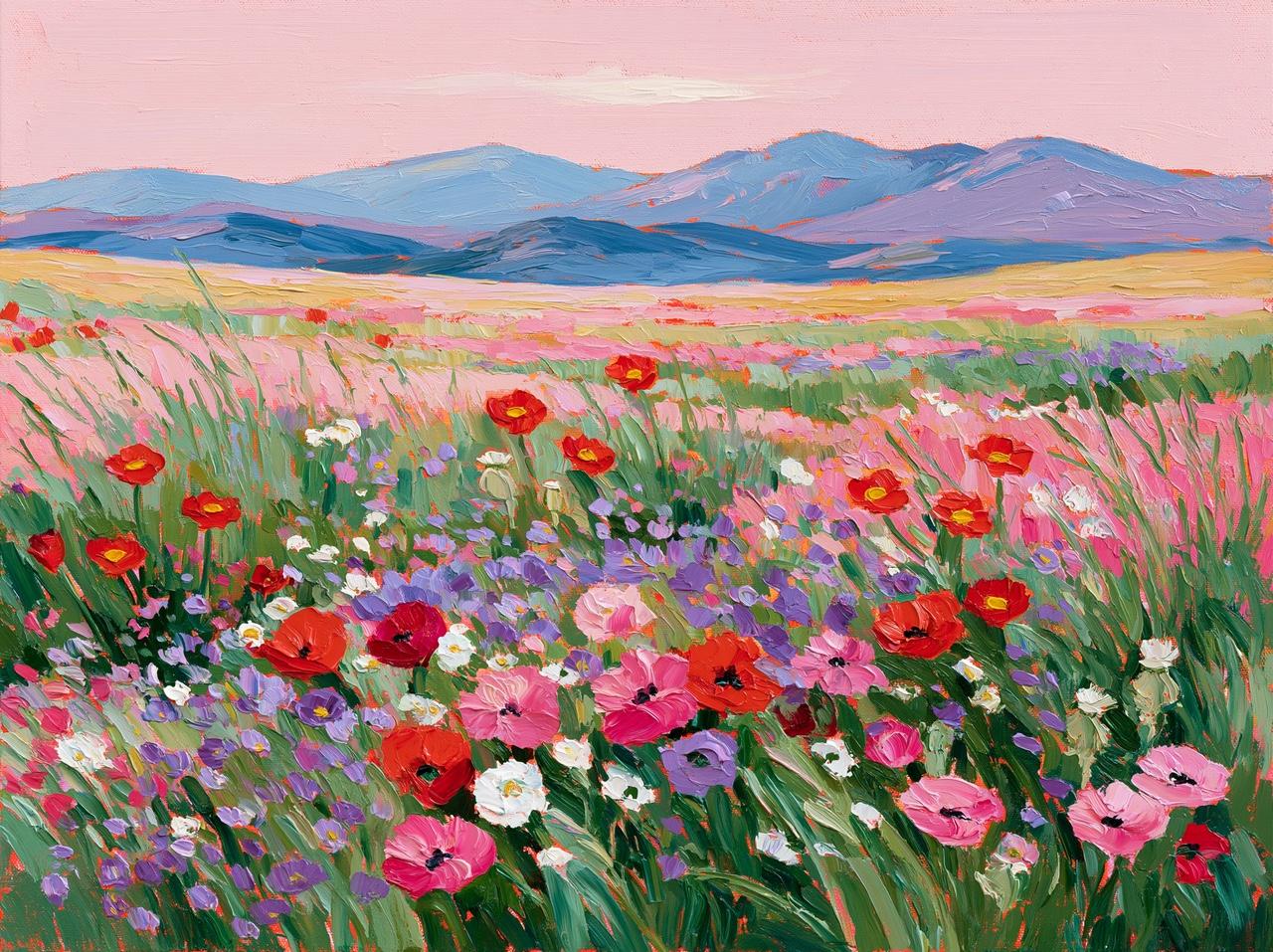 Impastofarbenes Gemälde einer rosafarbenen Wildblumenwiese, die sich unter einem zartrosa Himmel zu geschichteten blauen Bergen erstreckt