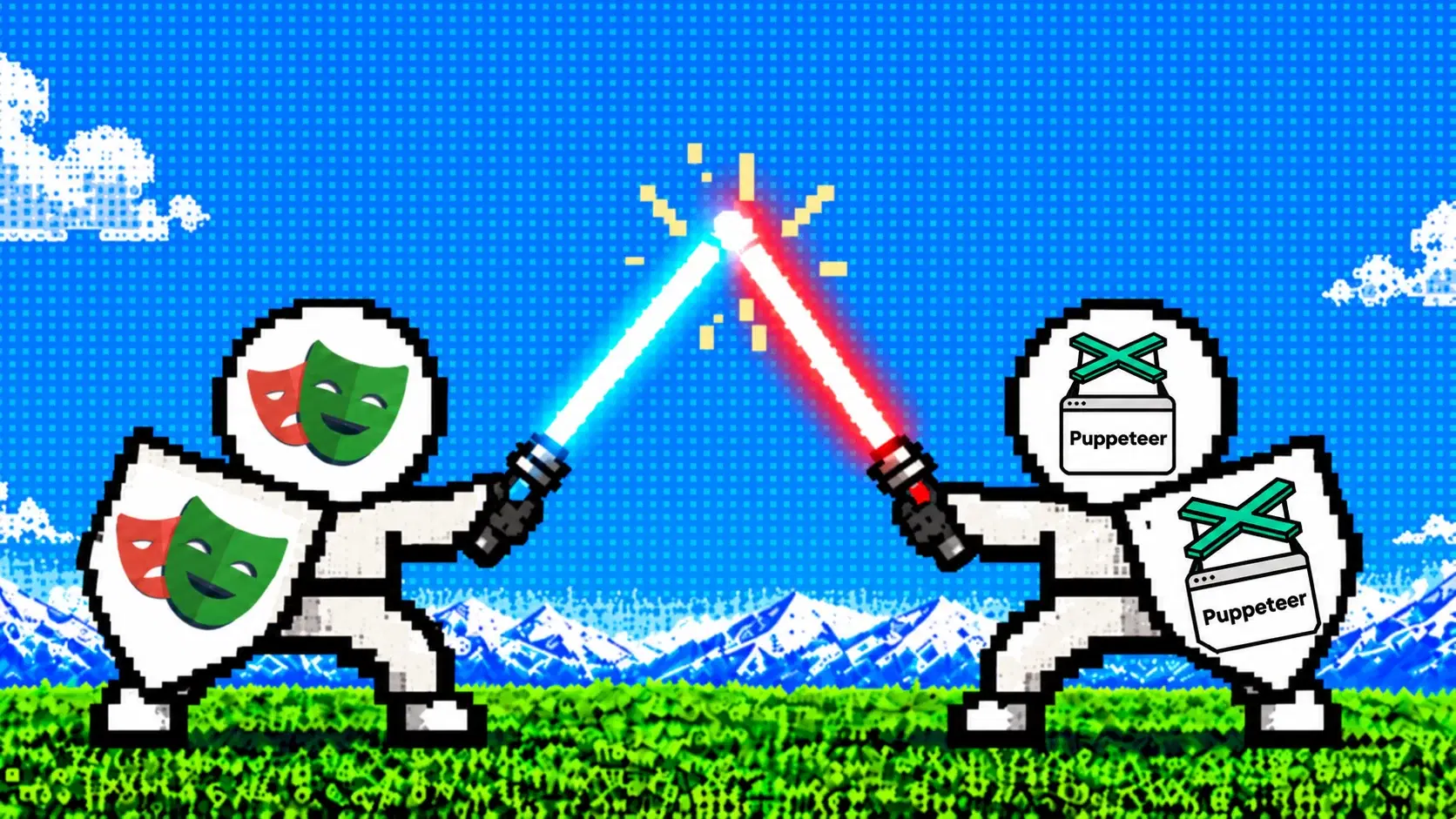 Pixel knights representing Playwright and Puppeteer cross glowing swords above a mountain landscape.