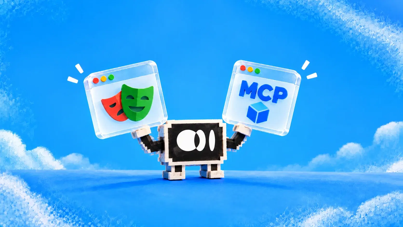 The ego(lite) mascot holds browser windows displaying Playwright masks and the MCP label.