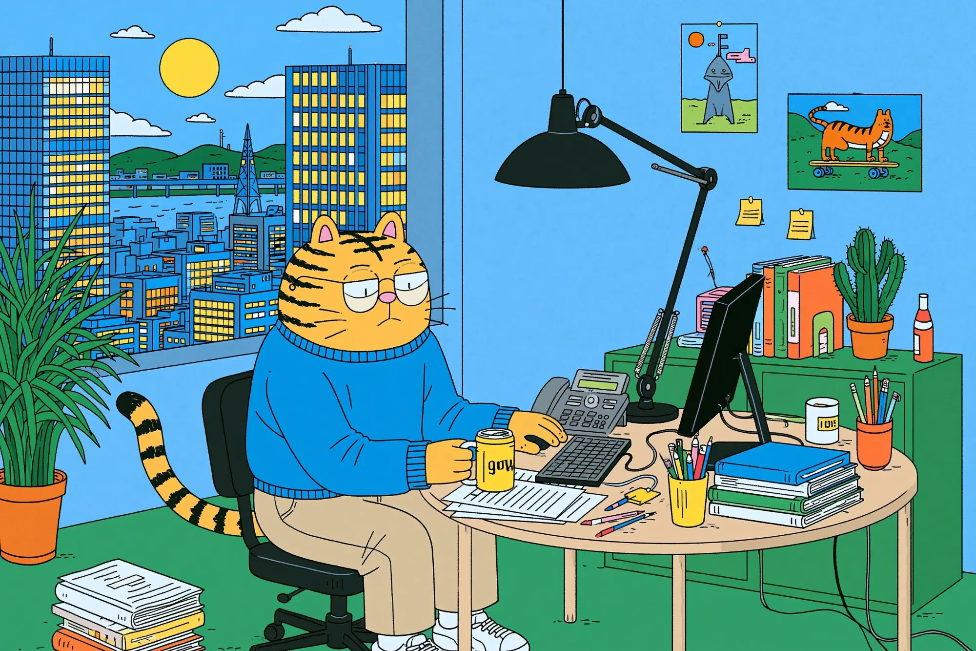 Illustration: Eine getigerte Katze mit Brille arbeitet in einem sonnigen Büro am Computer