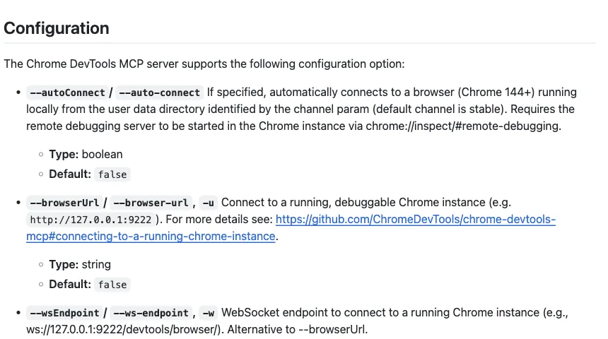 Chrome DevTools MCP configuration documentation for --autoConnect and --browserUrl, the two official flags for attaching an agent to a running Chrome