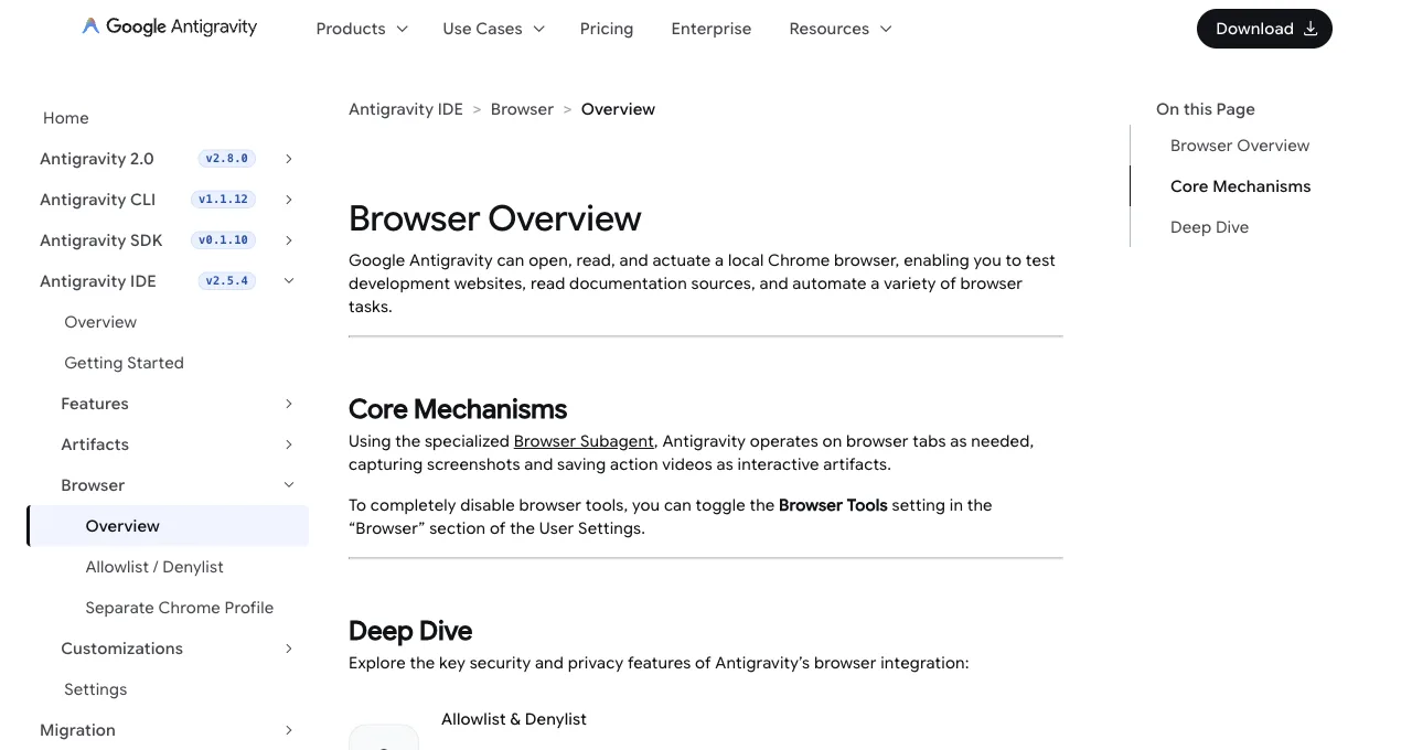 Google Antigravity's Browser Overview documentation describing the Browser Subagent, screenshot and action-video artifacts, and the Browser Tools toggle