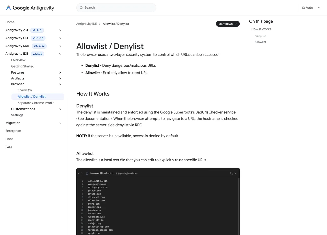 Google Antigravity Allowlist and Denylist docs, with the local browserAllowlist.txt file open in the IDE
