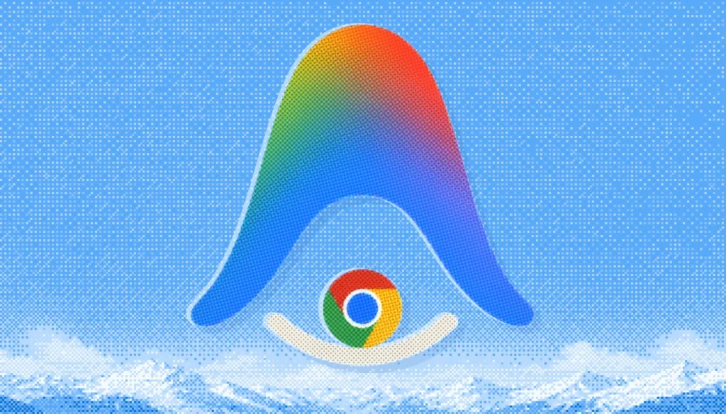 Multicolor Antigravity arch over a Chrome logo, with snowy peaks under a blue sky
