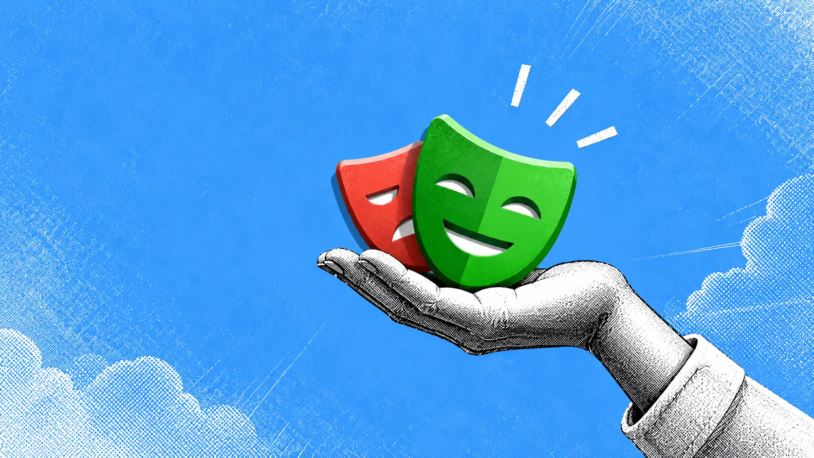 A hand holding the ego (lite) comedy and tragedy masks against a blue sky, ready to take over a native prompt