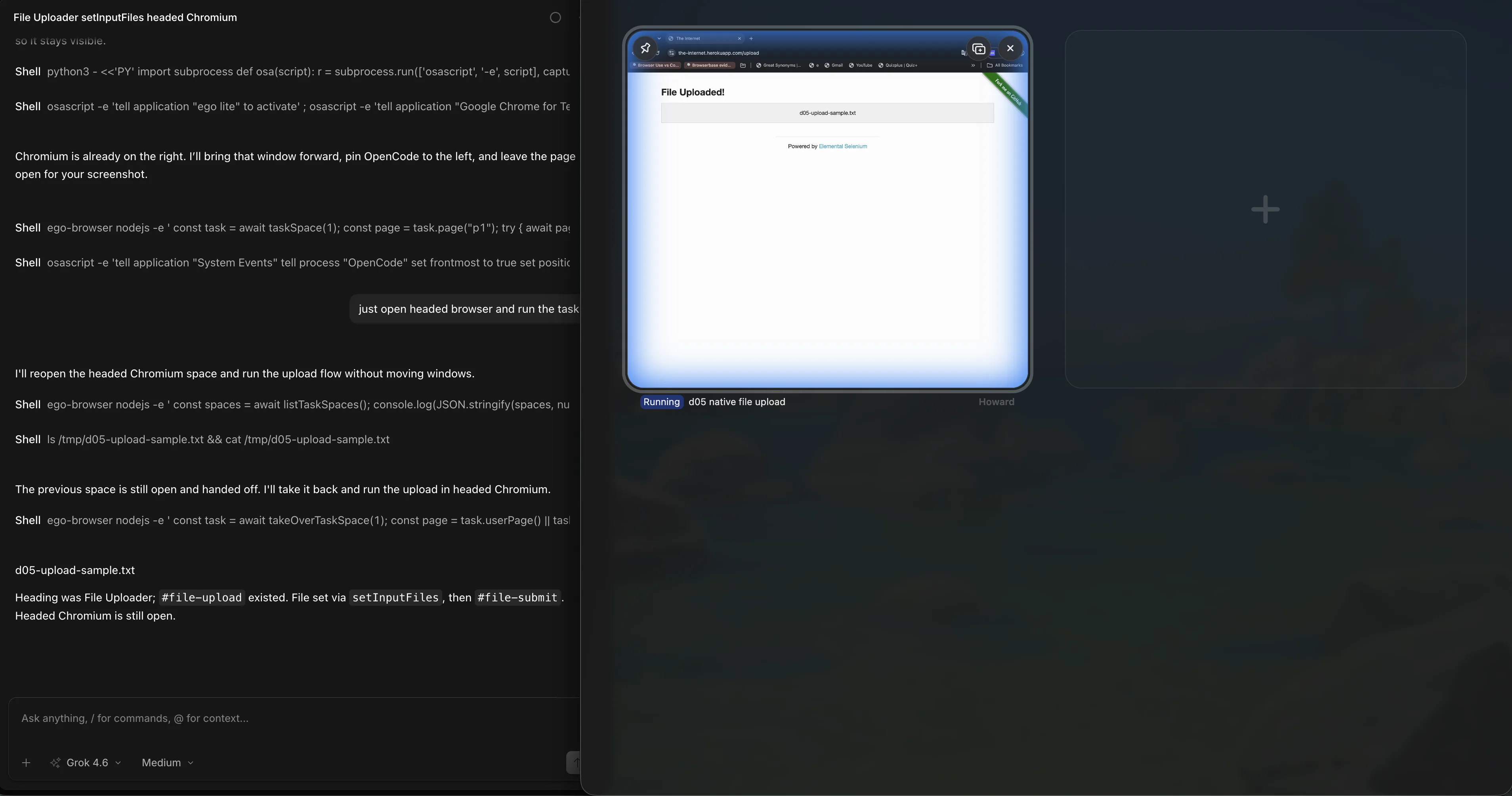 OpenCode beside the ego (lite) Spaces overview with the native file upload task running in its own Space