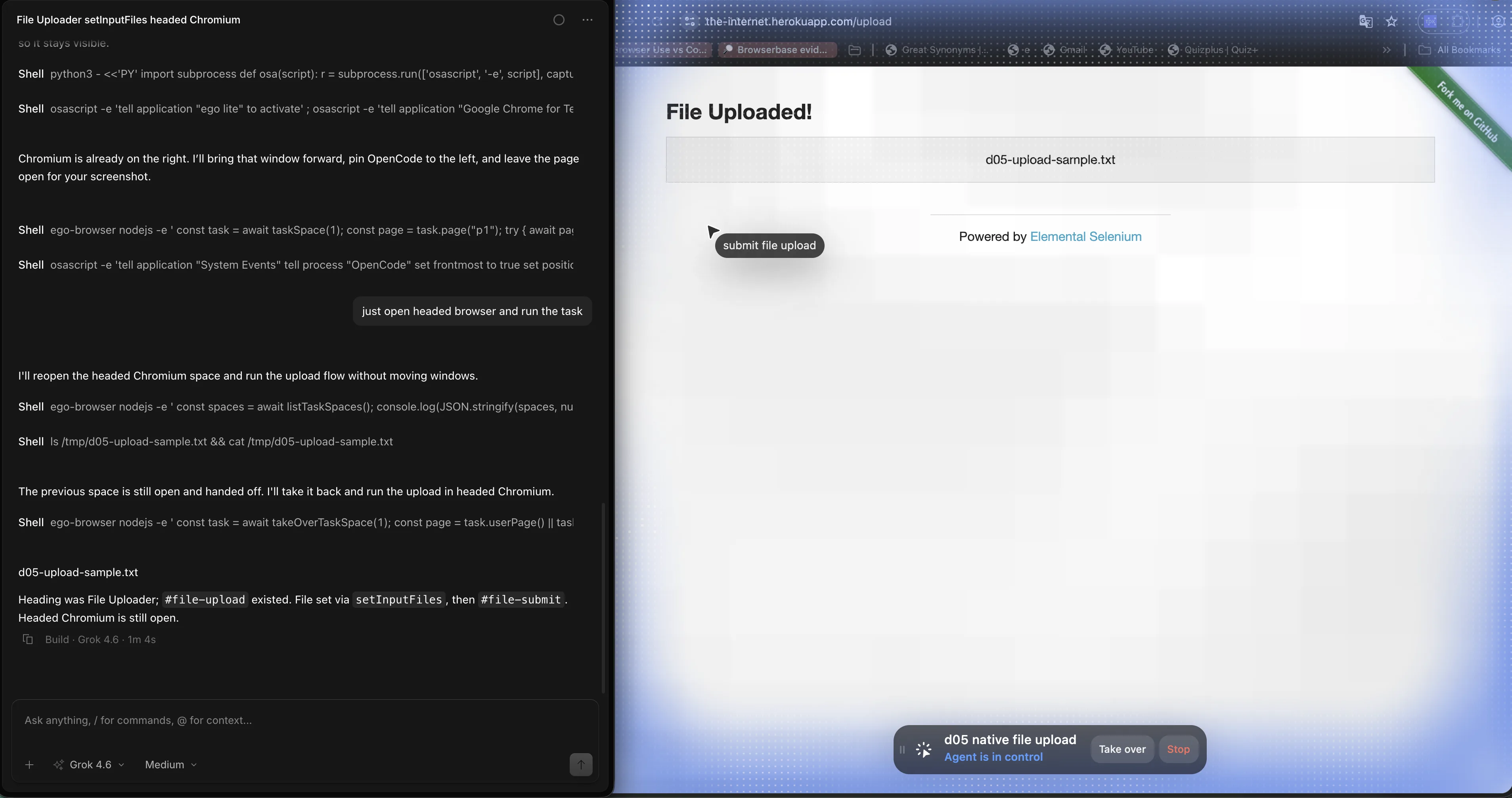 OpenCode driving ego-browser beside an ego (lite) Space showing File Uploaded and d05-upload-sample.txt with Agent is in control, Take over, and Stop