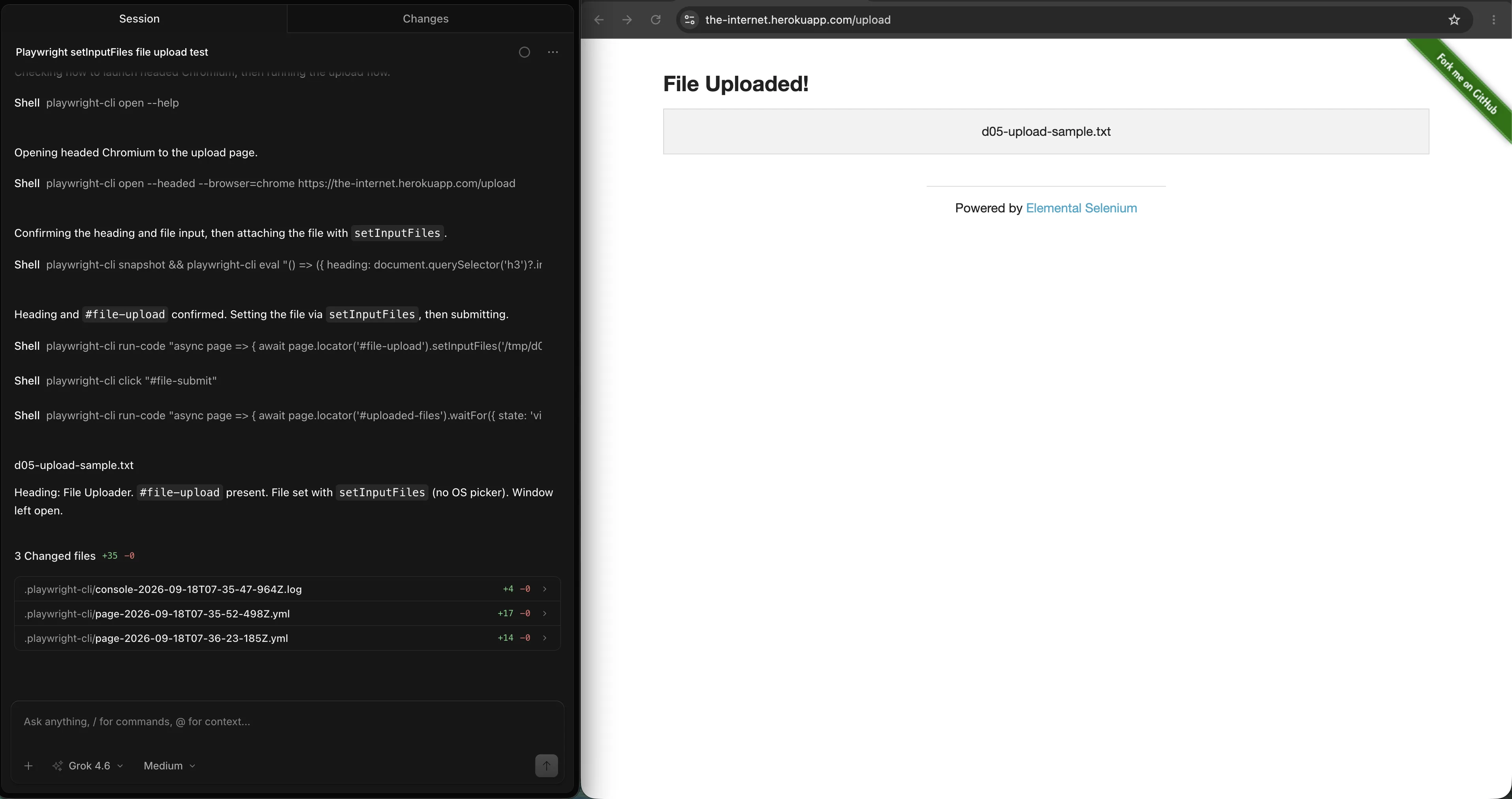 OpenCode showing Playwright setInputFiles beside headed Chromium with File Uploaded and d05-upload-sample.txt