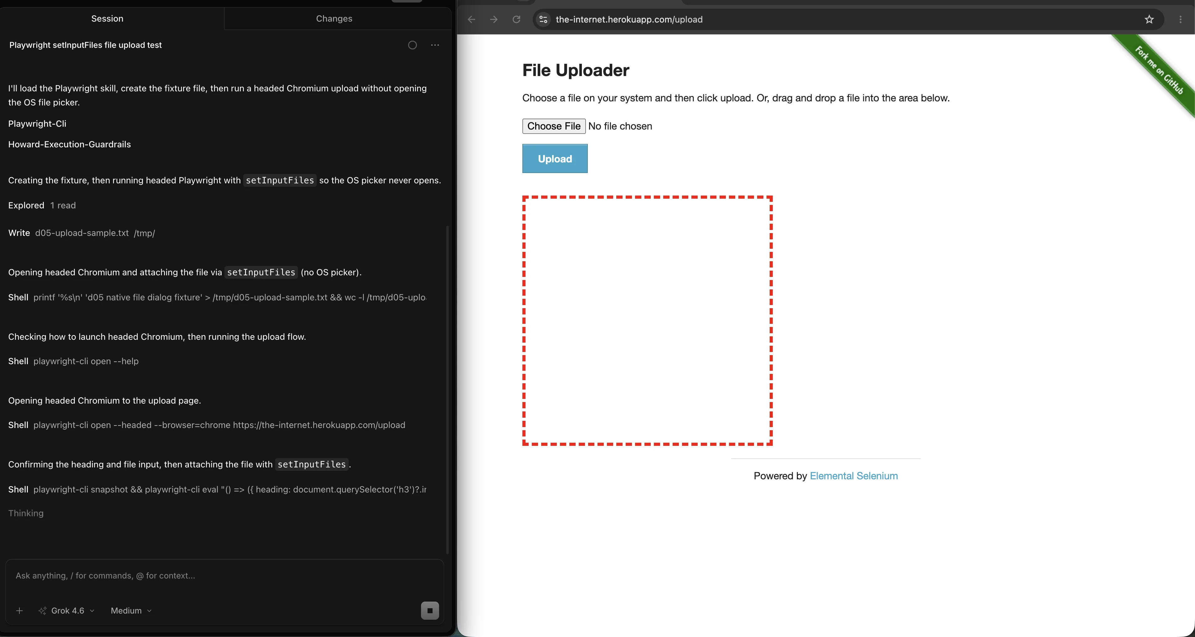OpenCode running Playwright setInputFiles beside headed Chromium on the-internet File Uploader