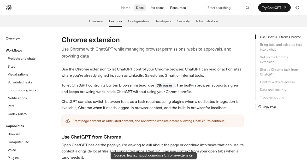 OpenAI's Chrome extension documentation: ChatGPT controls your Chrome on signed-in sites like LinkedIn, Salesforce, and Gmail