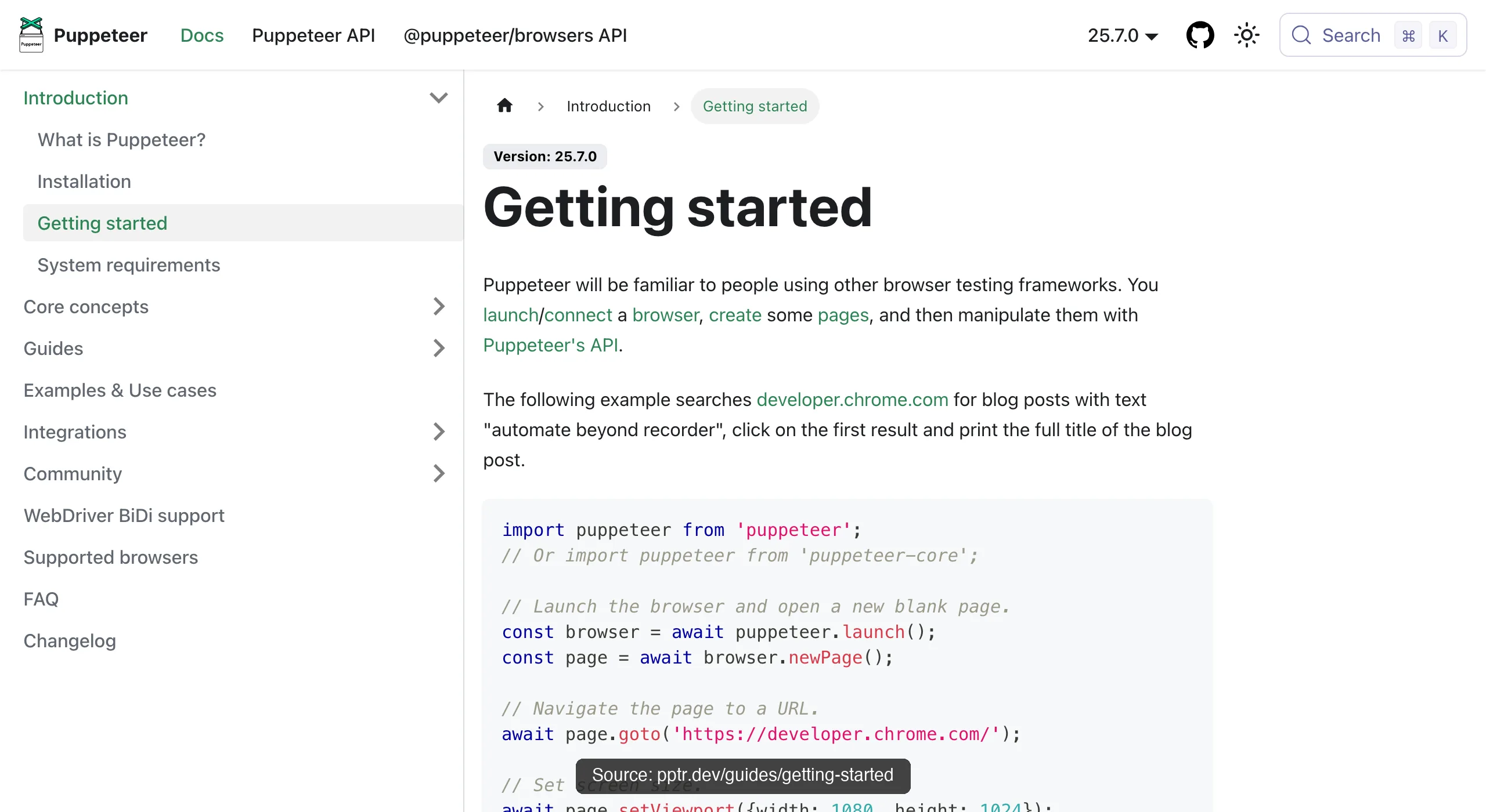 Puppeteer's getting-started guide showing installation and a first script