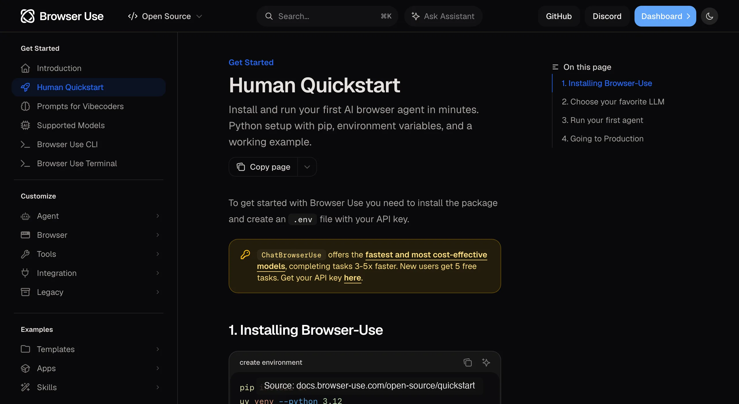 Browser Use's open-source quickstart docs: an Agent with a task string and a run call
