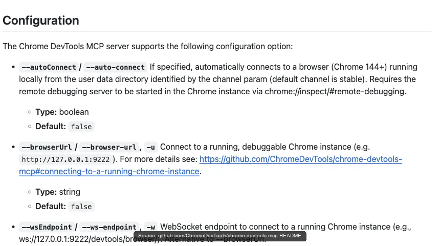 Chrome DevTools MCP configuration docs for the --autoConnect flag