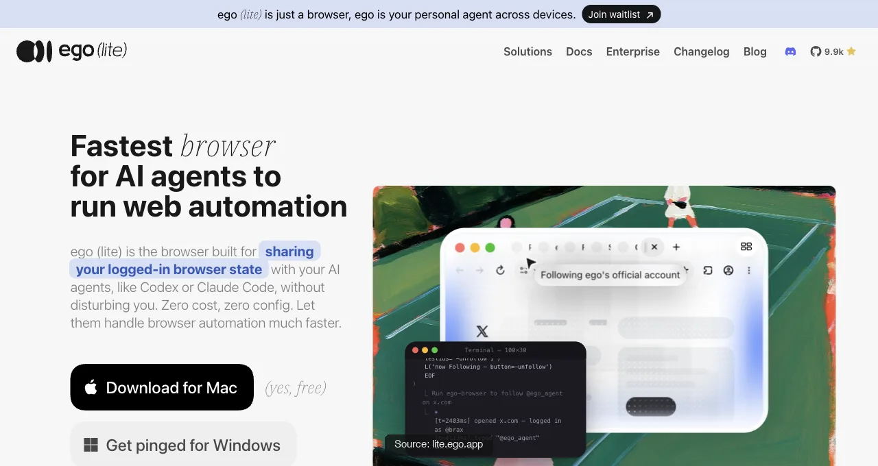 The ego (lite) homepage: a free browser built for sharing your logged-in browser state with AI agents like Codex or Claude Code