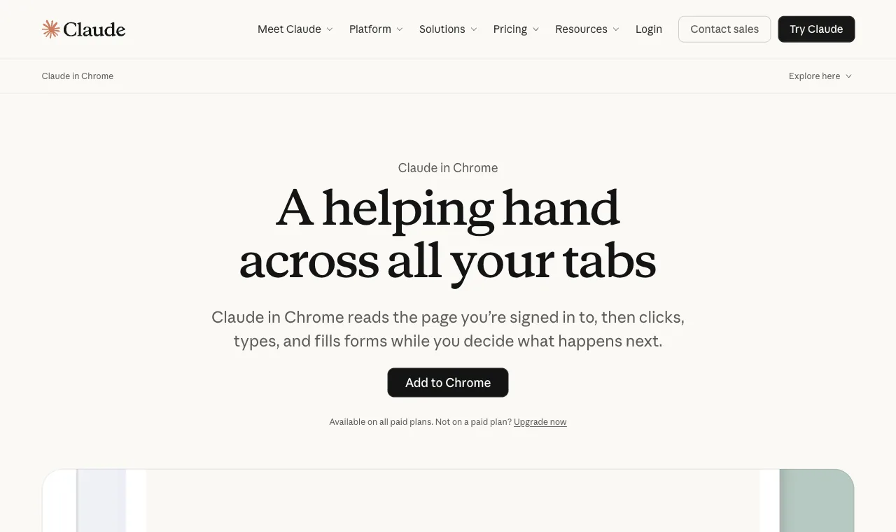 Anthropic's Claude in Chrome page, the flagship extension-takeover agent, which reads and acts on the pages you're signed in to