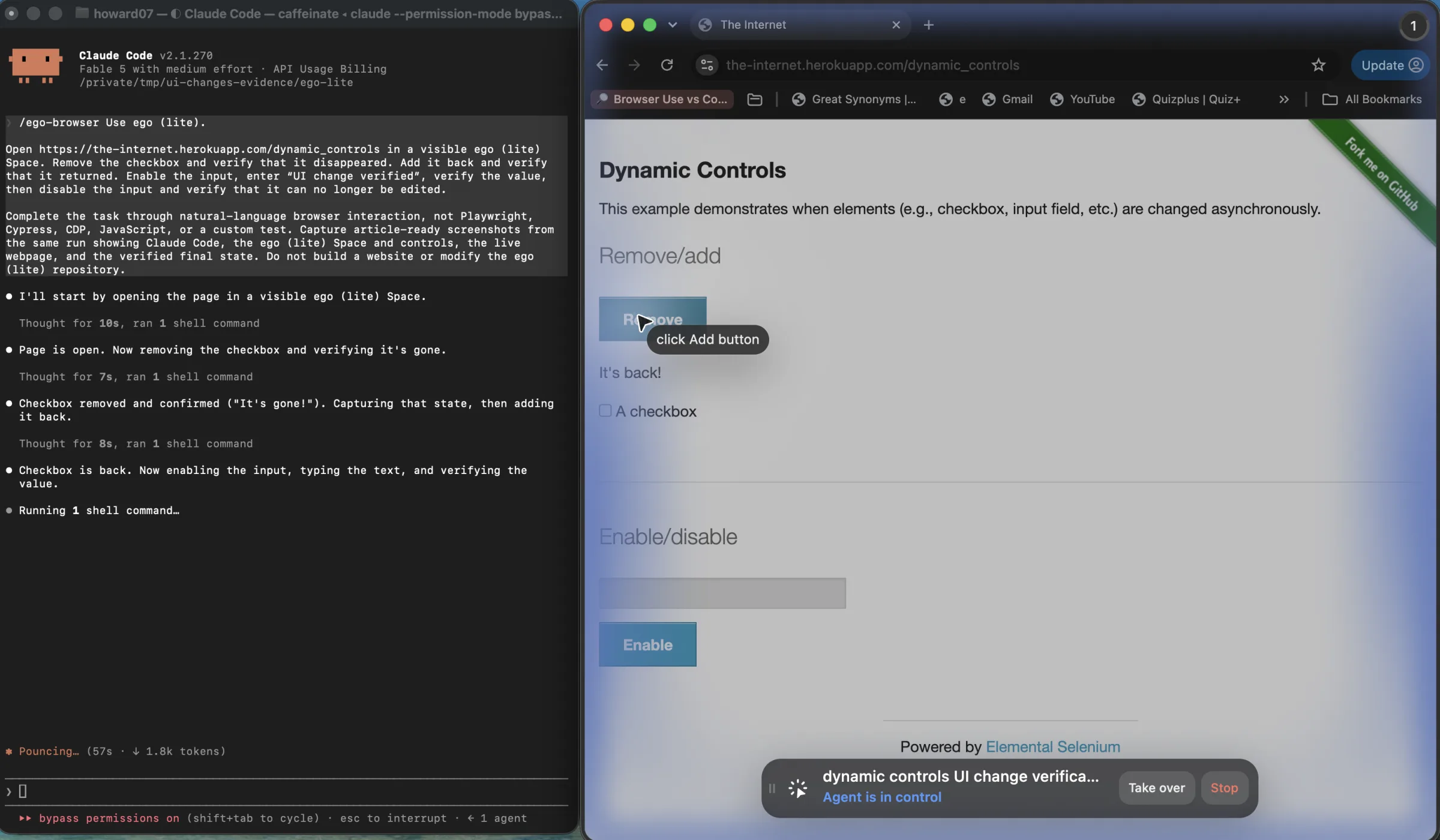 Claude Code and the same live ego (lite) Space after the checkbox returned, with It's back visible on the Dynamic Controls page