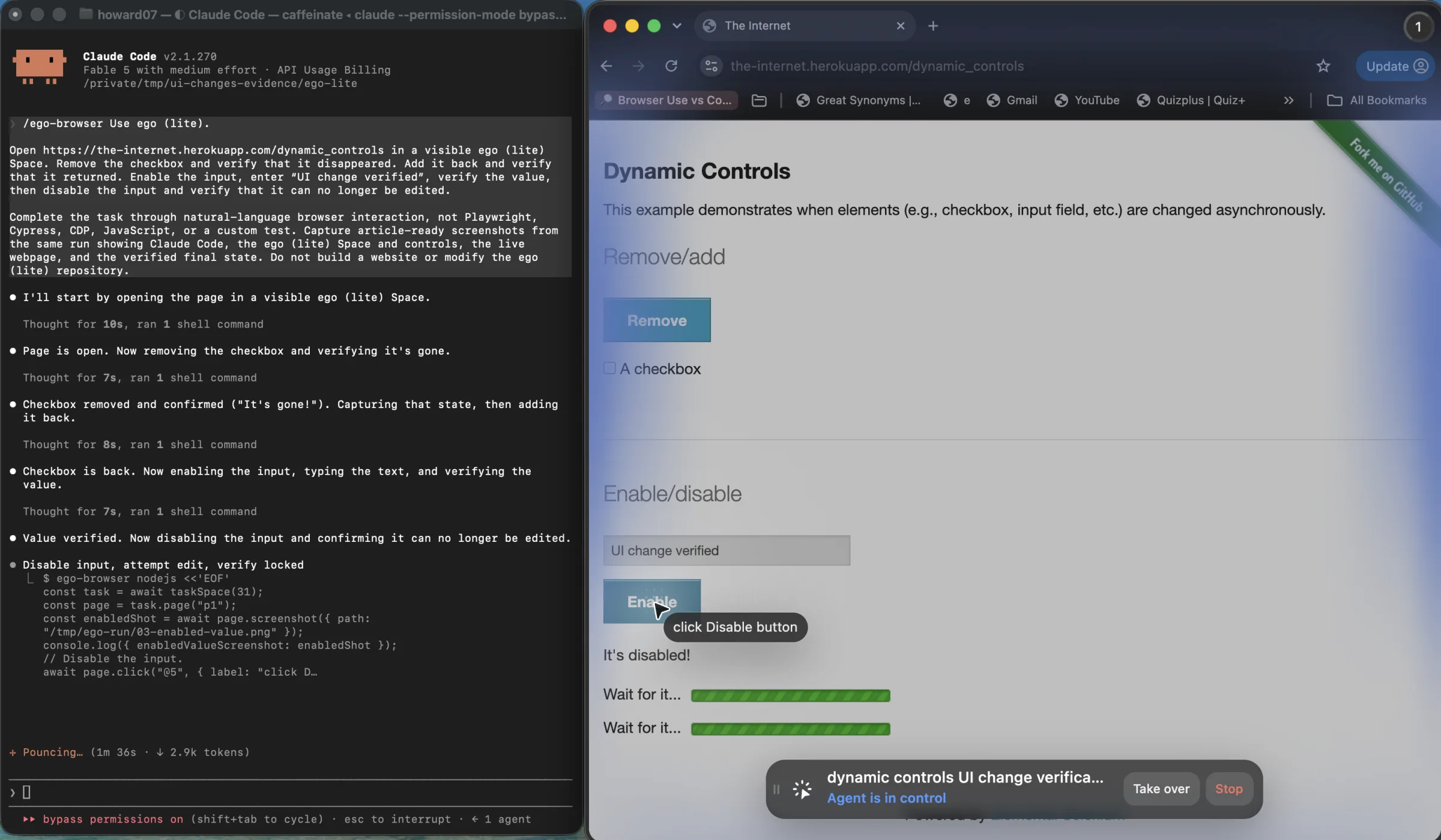 Claude Code and the live ego (lite) Space showing UI change verified in the input while the agent disables the control