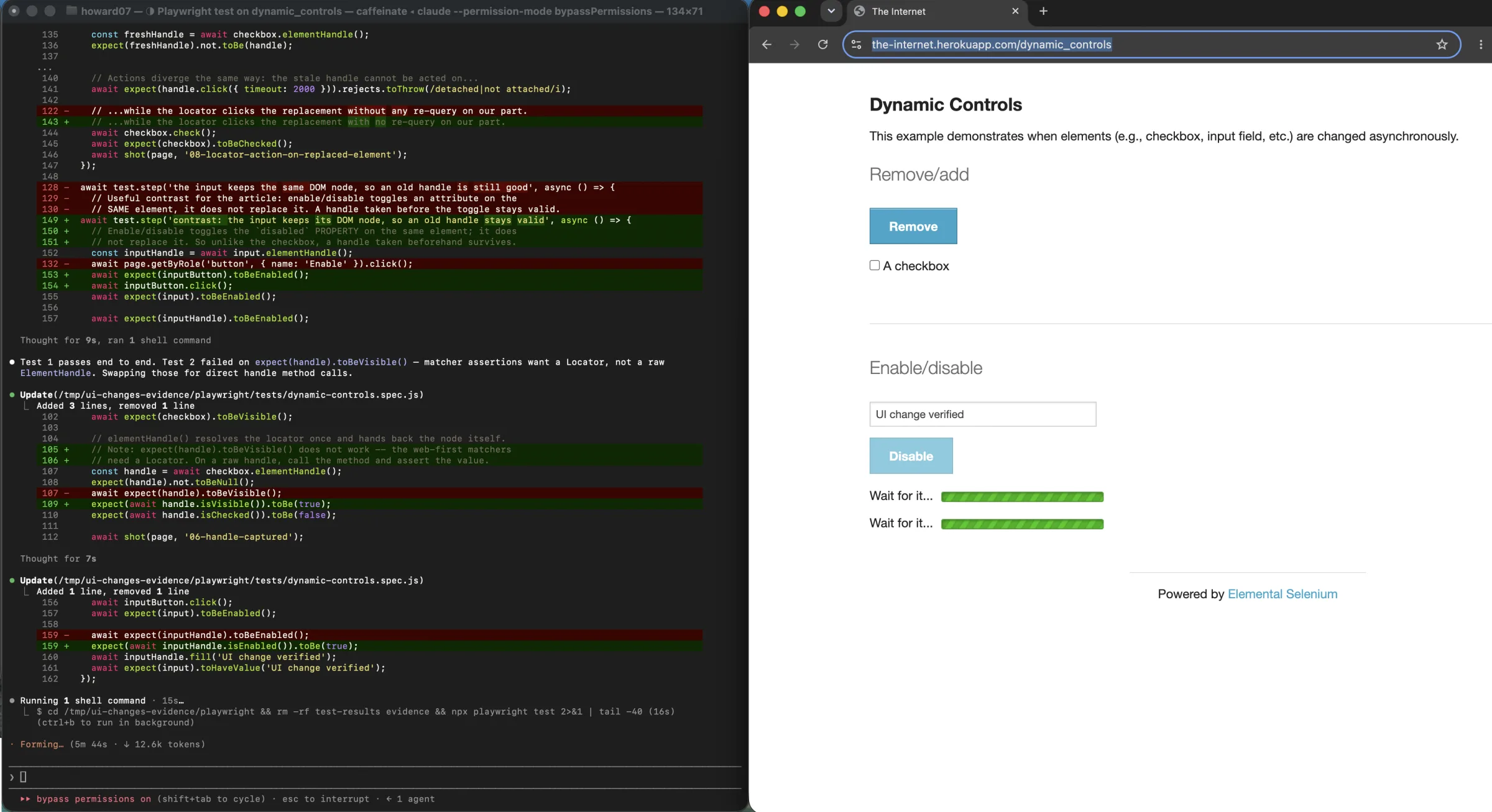 Playwright test code beside the live Dynamic Controls page while the raw element-handle assertion is corrected