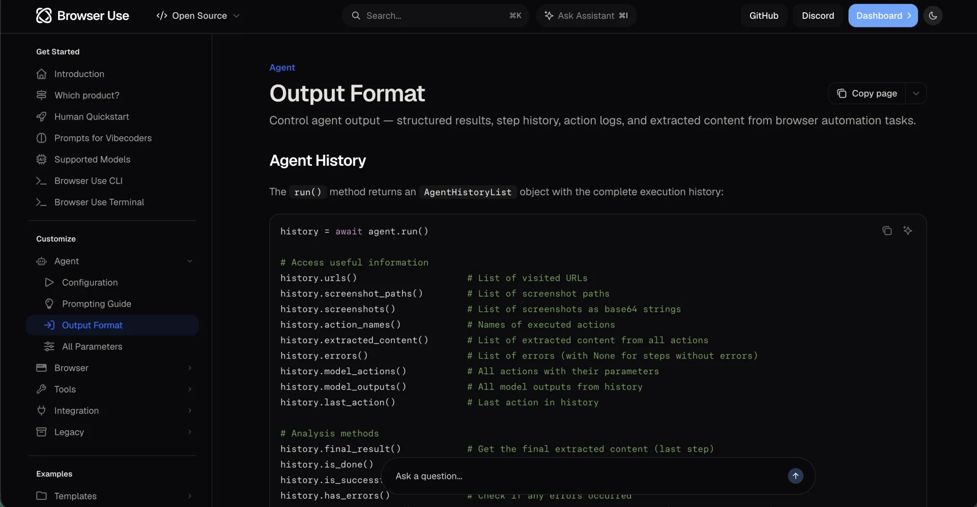 Browser Use Output Format docs showing the AgentHistoryList returned by run(), with history.urls(), screenshot_paths(), action_names(), extracted_content(), errors(), final_result(), is_done() and is_successful()