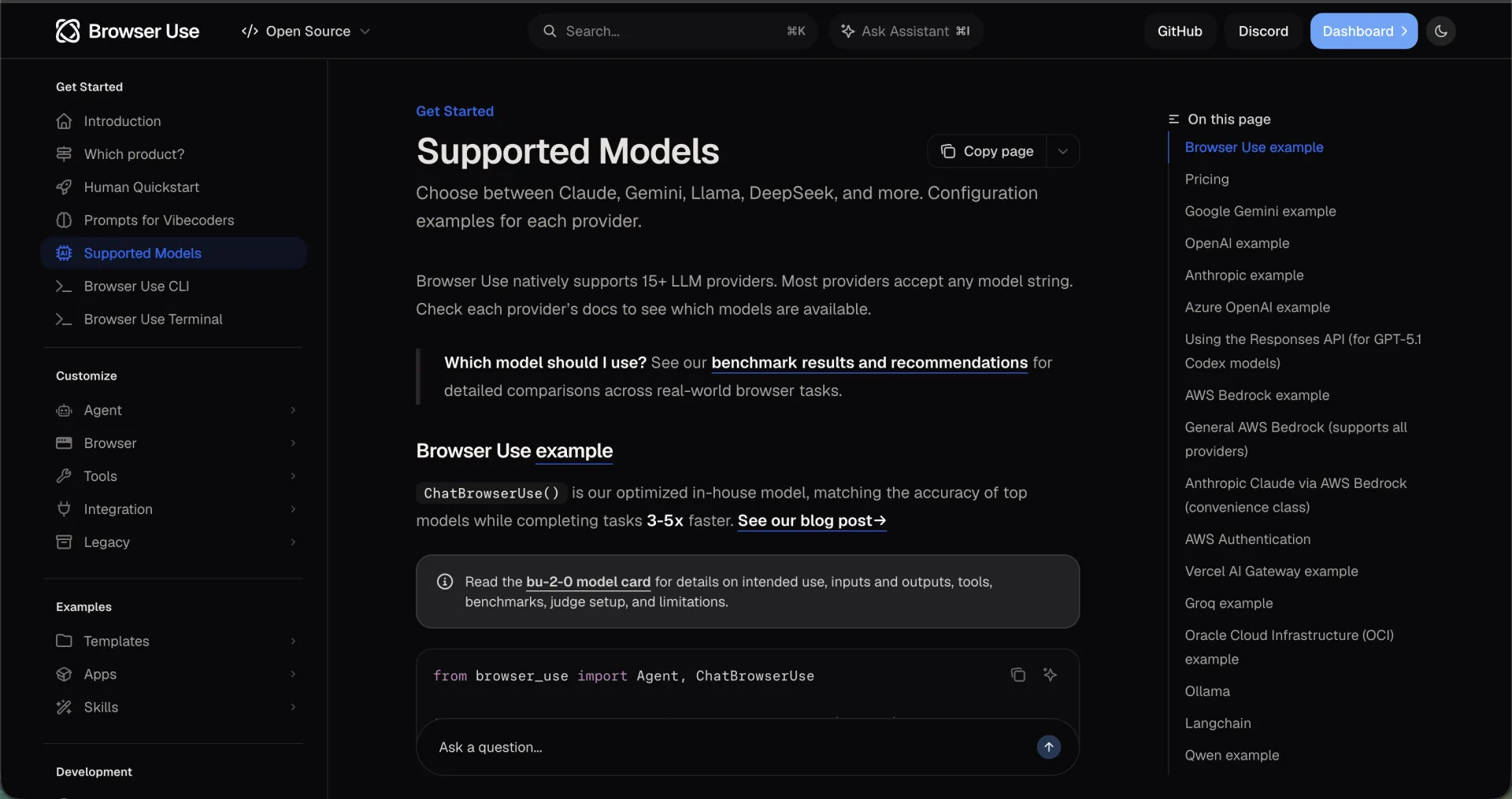 Browser Use Supported Models page listing LLM providers, with Ollama and Qwen visible in the on-page outline