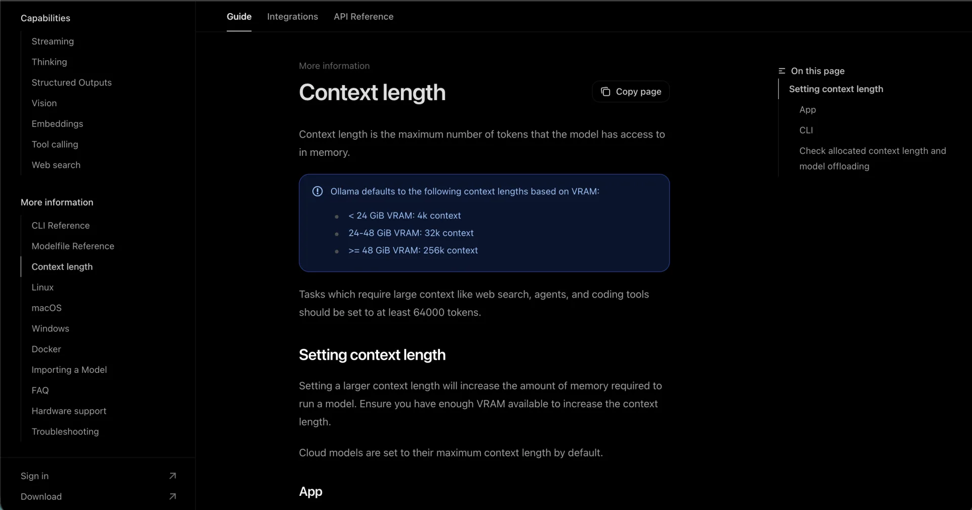 Ollama Context length docs showing the VRAM-based defaults: under 24 GiB 4k, 24-48 GiB 32k, 48 GiB or more 256k, and the at-least-64000-token note for agents